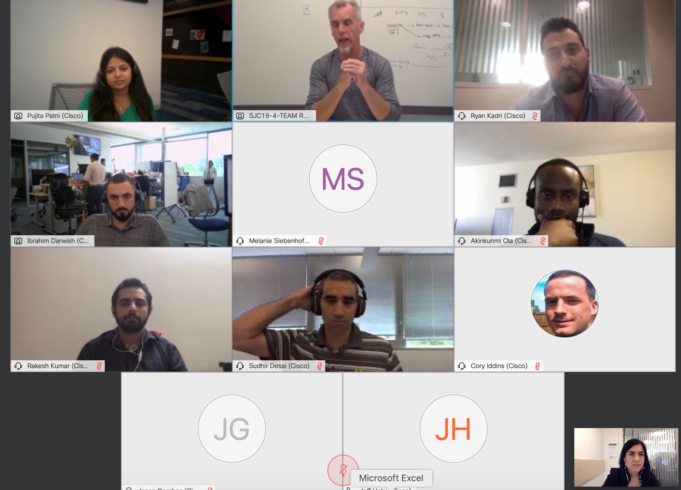A screen grab of Burcu's team meeting with Gee Rittenhouse over Webex.