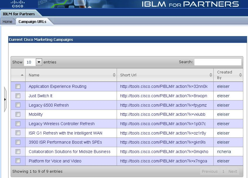 Figure 3: You can now see your opportunities by solution using the “Campaign URL’s” tab of Partner IBLM. IBLM Campaigns