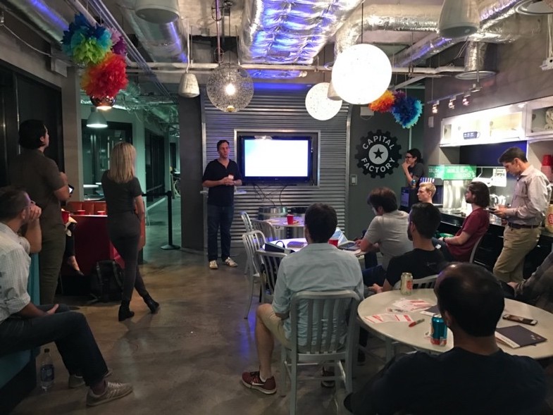CEO of M.io pitching their product during a BotKit meetup.