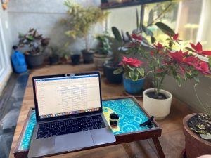 A laptop sits on a desk outside surrounded by flowers and plants.