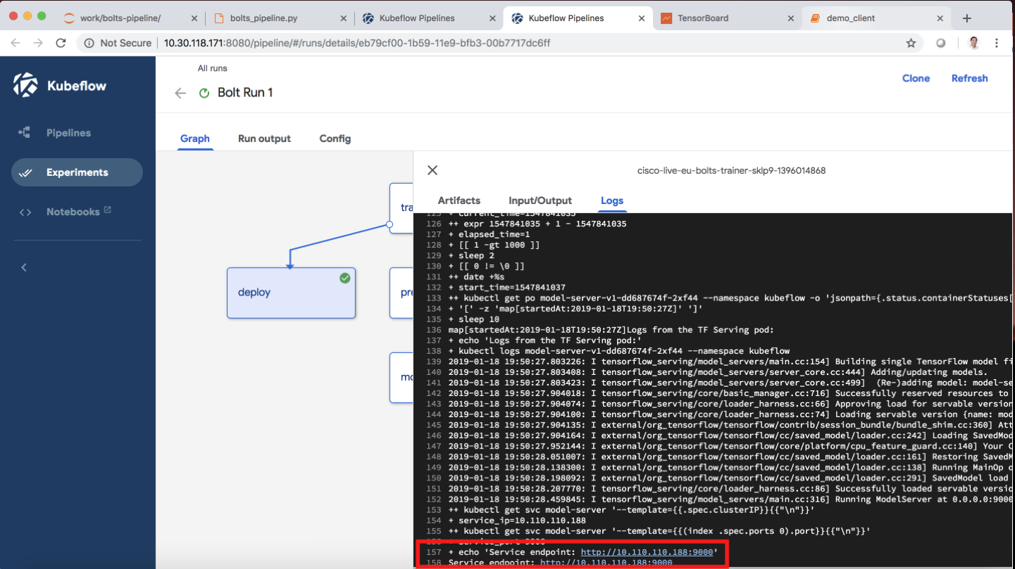 Kubeflow Model Serving. Note the "Service endpoint" URL where the trained model can be executed