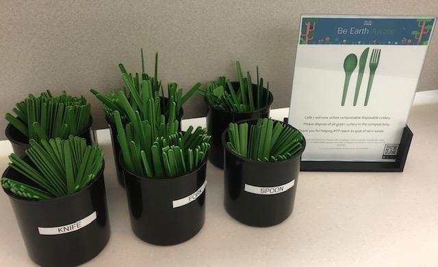 A display of biodegradable and compostable knives, forks, and spoons in RTP. 