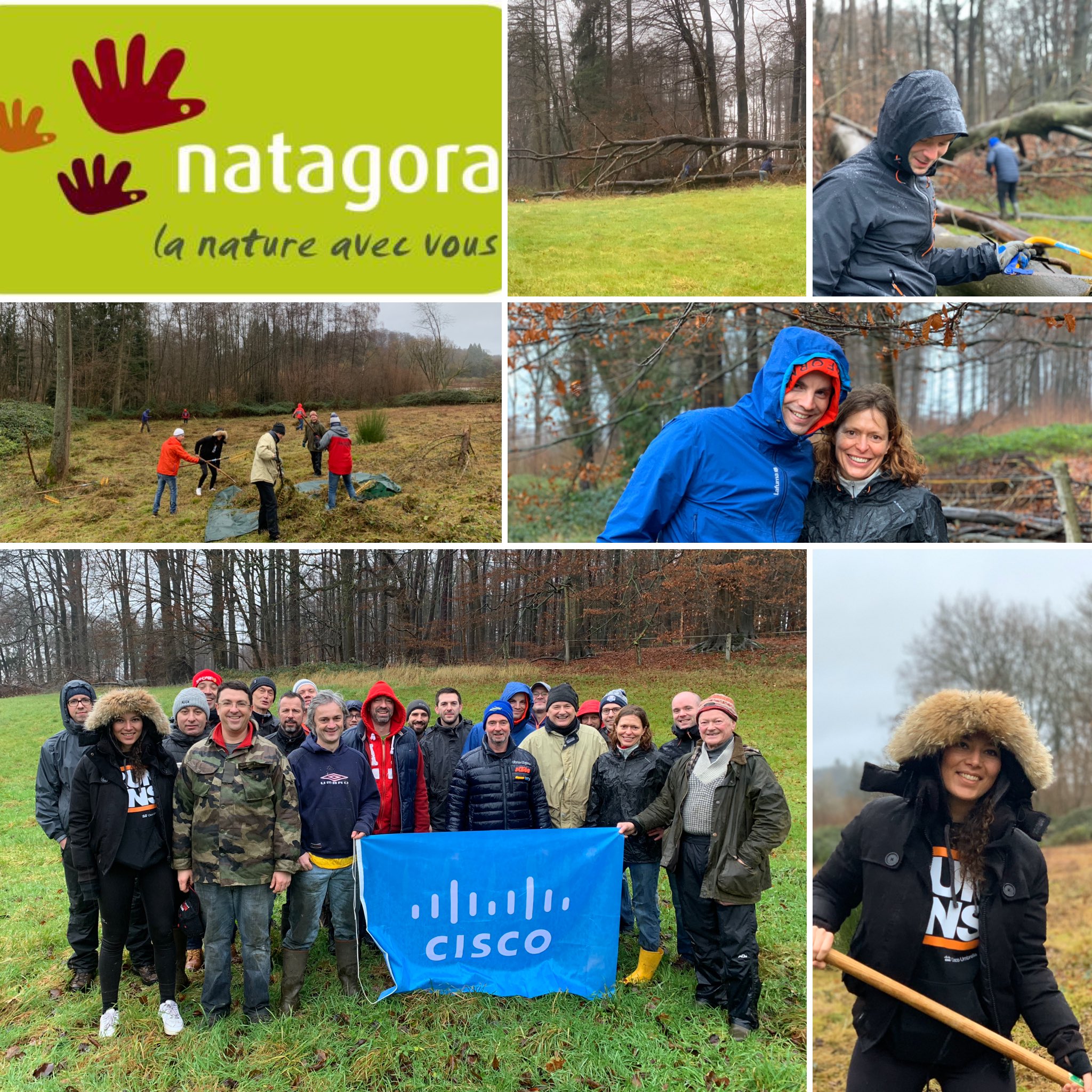 A photo collage of Hugues, his team, and the interns at a give back event outside.