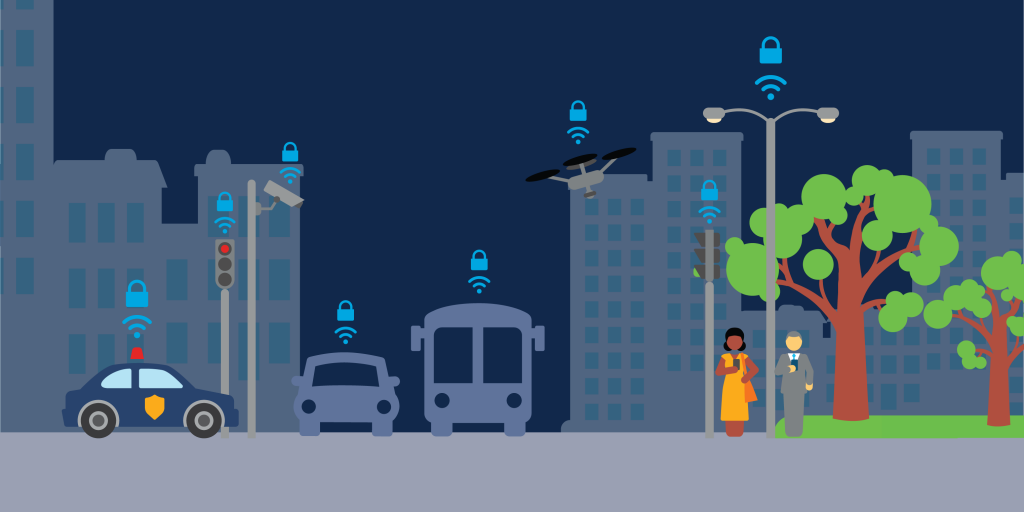 Image of city street with emergency response vehicle and cyber secure endpoints