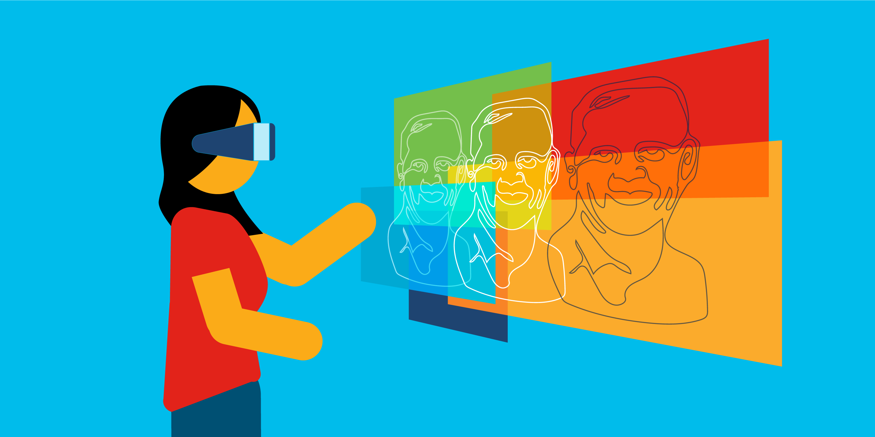 person in VR goggles looking at modern art in hybrid class