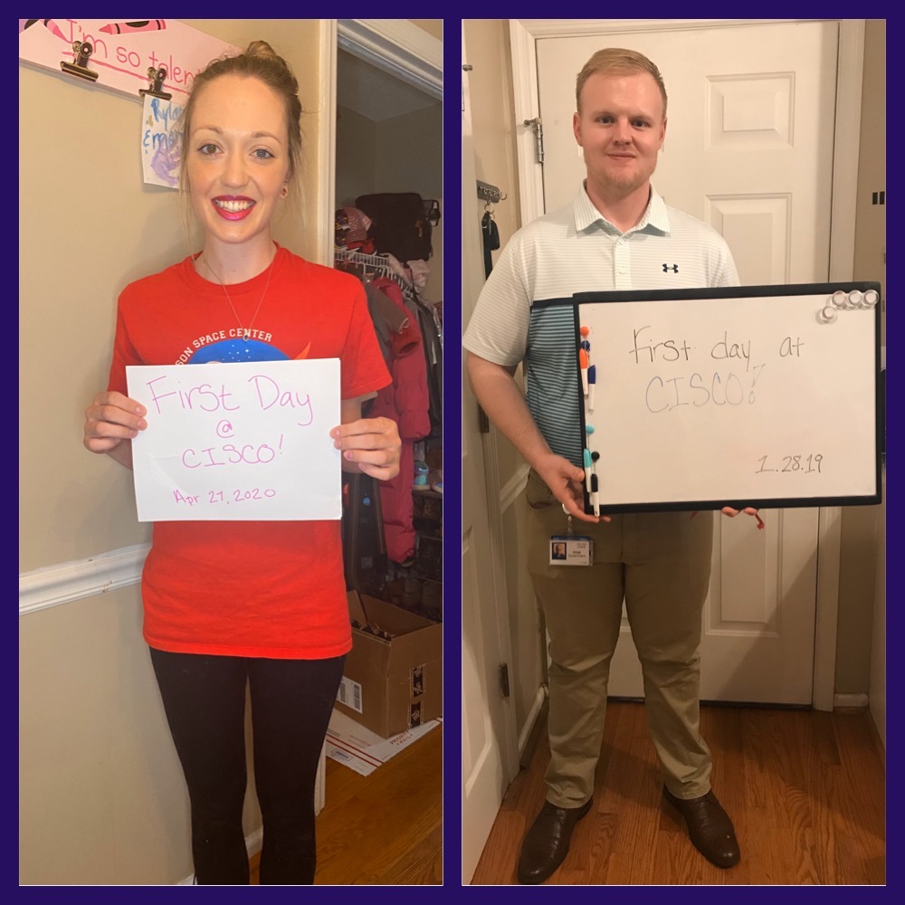 A split photo with Miranda on the left and her husband on the right, both holding a sign that says "First Day at Cisco" and the date.