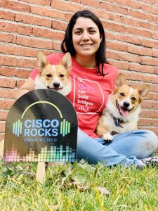 Carmen sits with her two corgis, Eevee and Cappy.