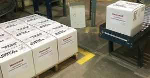 Boxes of hand sanitizer produced at the Muskegon, MI, Honeywell plant