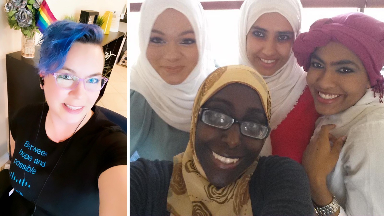 Collage of woman with purple hair and Pride flag and four women in Hijabs.