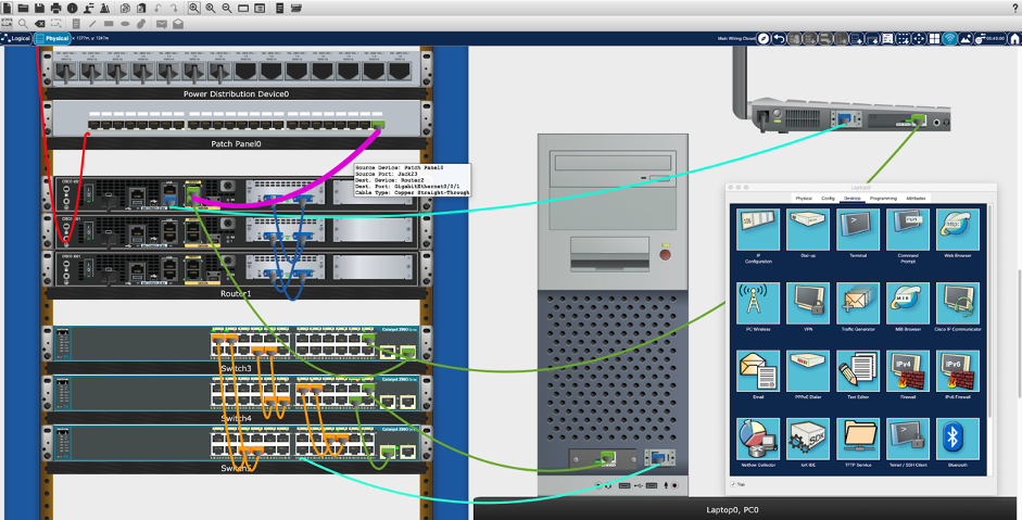 Engaging, Interactive model of a CCNA Lab Pod in Packet Tracer Physical Mode