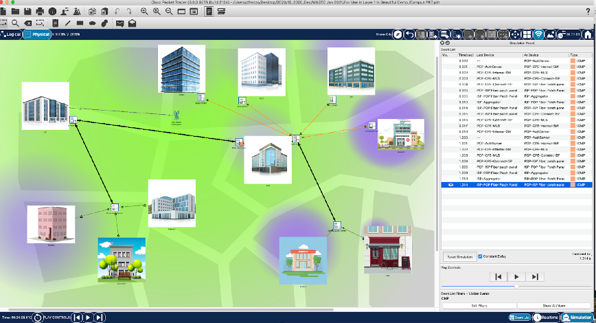 Figure 2: "Geo" View of an Urban Campus Network including WiFi (purple) and Cellular (green) coverage areas in PT Physical Mode. Enchanted Virtual Classroom.