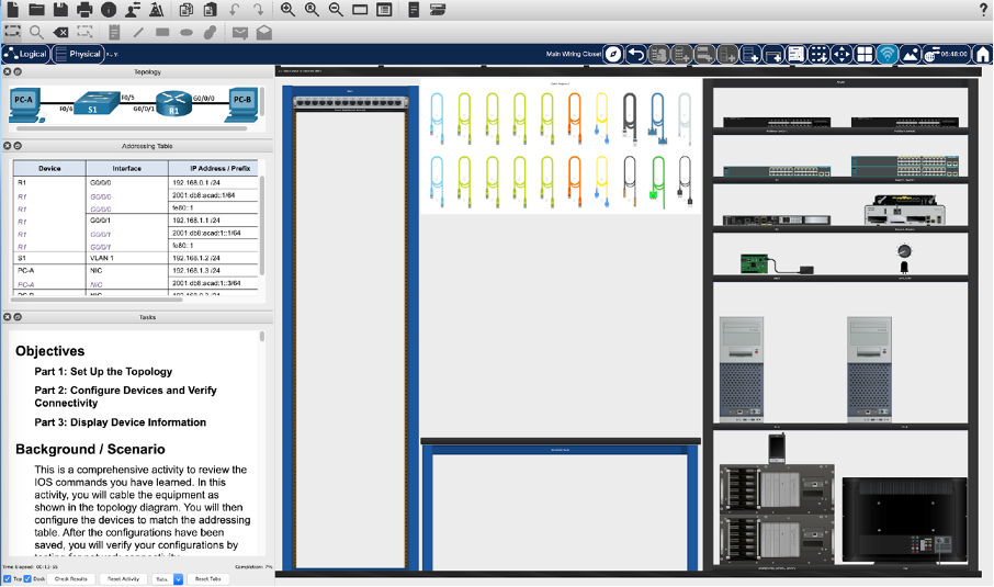 Figure 3: Initial state of a scaffolded Packet Tracer activity requiring device and cable choices, interconnection, and configuration which can be shared, annotated, or even jointly completed via Webex in the enchanted virtual classroom