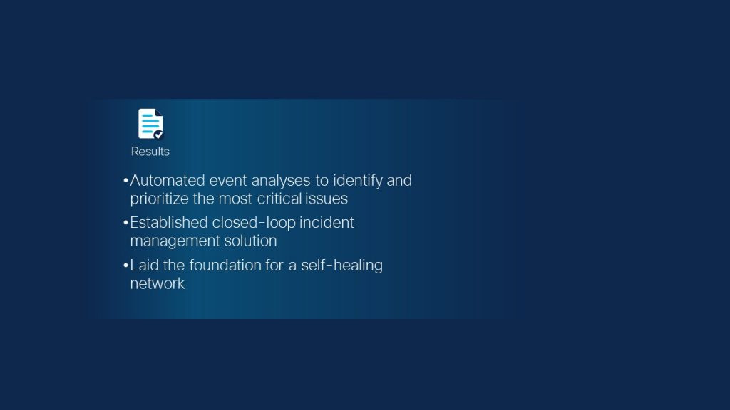 Results: Automated event Analyses to prioritize critical issues; Established closed-loop incident management solution; laid foundation for self-training network