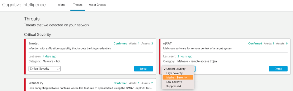 Users can both change the severity levels of threats and rank high-priority asset groups from within the global threat alerts portal.