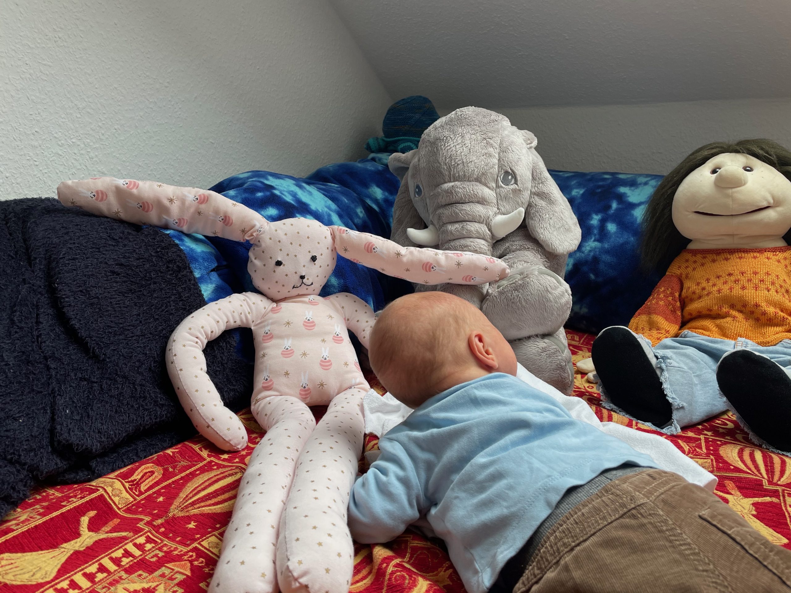 Philipp's baby laying with stuffed animals