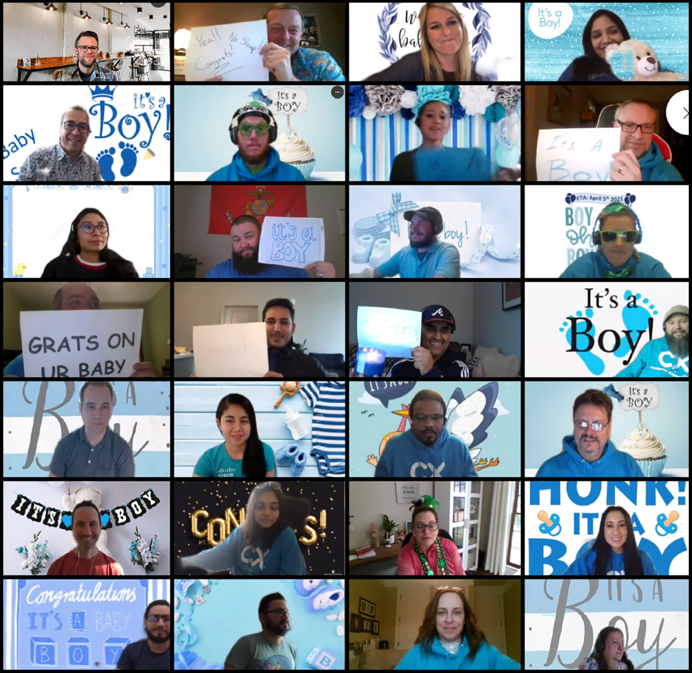 Stephen on a Webex call celebrating his son's birth.