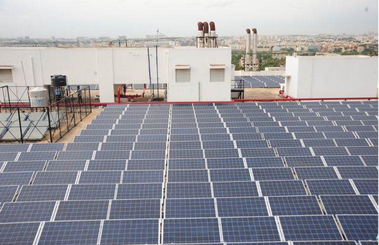 Solar panels on the roof of Cisco's campus in Bangalore.