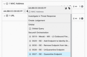 A screenshot of the SecureX pivot menu showing Cisco ISE response actions