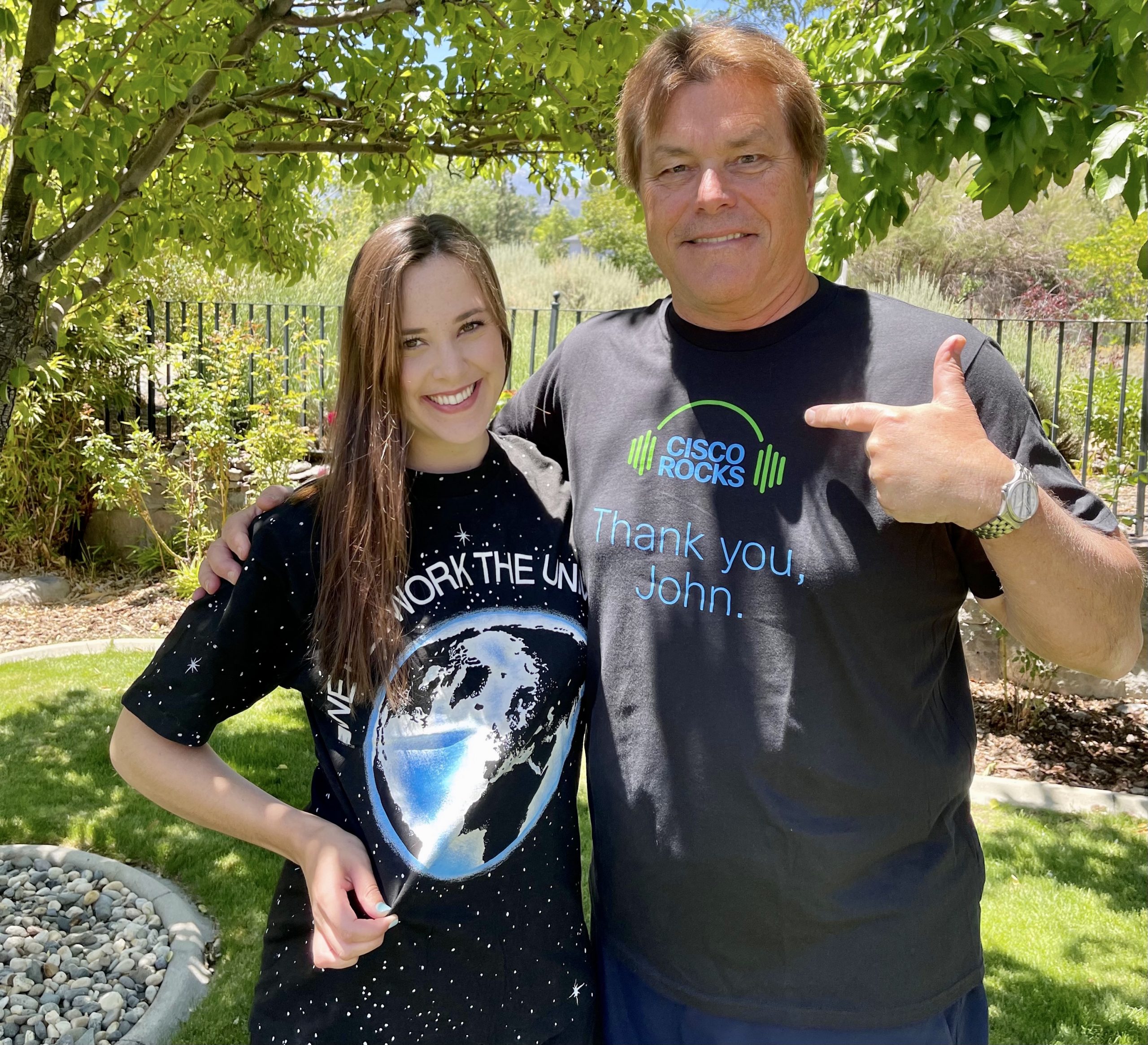 Caitlin and her dad both in Cisco shirts