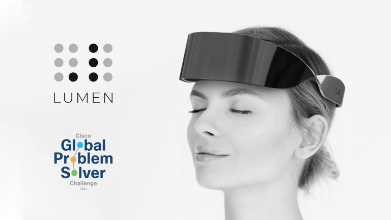 A woman wearing a device