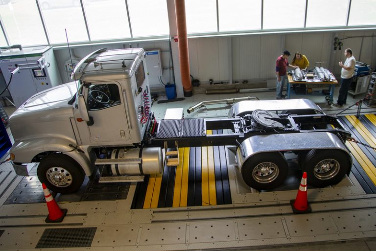 A semi-truck in a garage