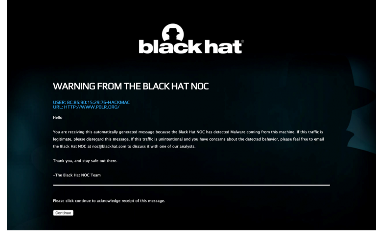 Black Hat NOC Warning Screen from Black Hat USA NOC 2021