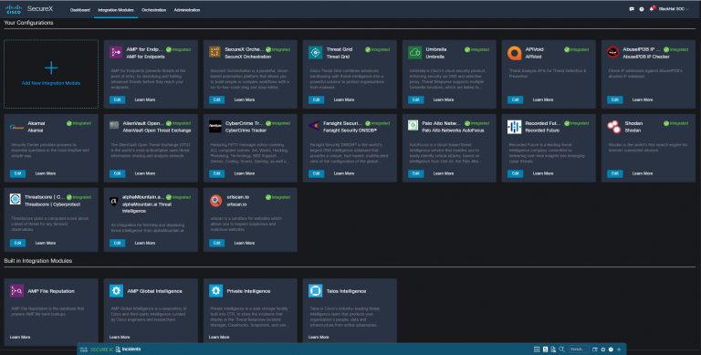View of SecureX Integrations dashboard