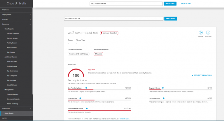 Cisco Umbrella Smart Search view from Black Hat USA NOC 2021