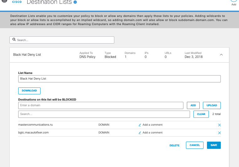 View of Umbrella Destination Lists page from Black Hat USA NOC 2021