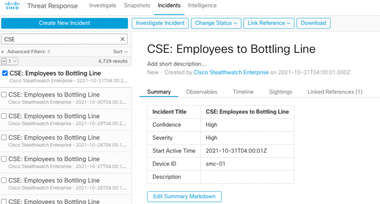 Image of a newly created Incident in Cisco SecureX Threat Response. The automatically created incident shows a Custom Security Event that is labeled as High Severity.