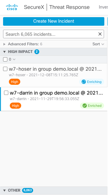Screengrab of SecureX Threat Response panel showing High Impact incidents