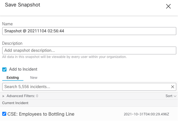 Image of a saved Snapshot of an incident within Cisco SecureX Threat Response