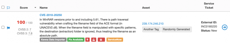 Screenshot of the aforementioned ticket, highlighting the ability to pivot from Kenna directly into ServiceNow.