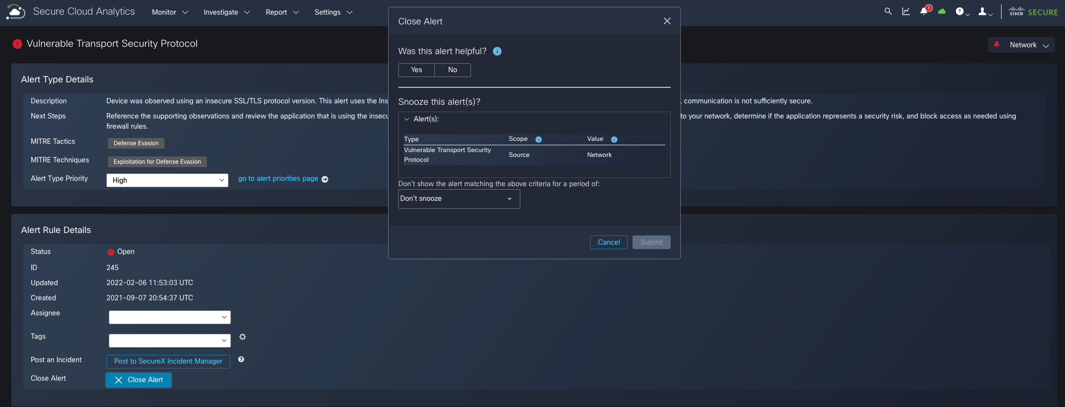 Screenshot of the "helpfulness" rating in the Secure Cloud Analytics alert system. The first question in the workflow is shown, reading “Was this alert helpful?” 