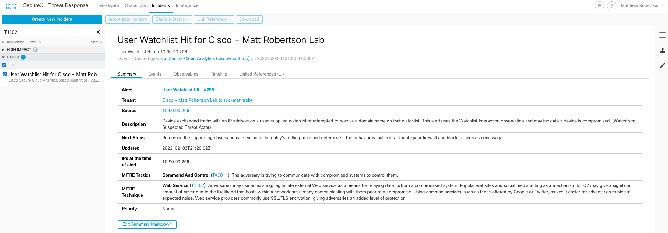 Screenshot showing the use of the search bar in the Incident Manager.