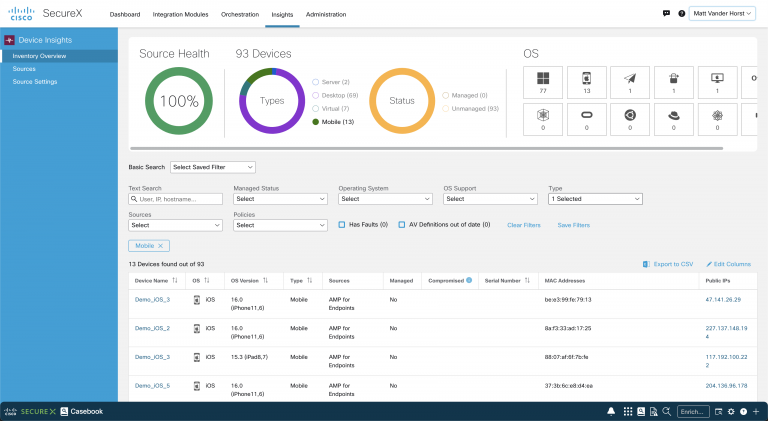 screenshot: SecureX device status dashboard