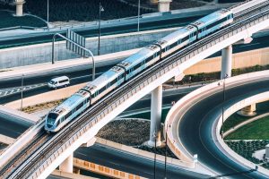Passenger train on overpass