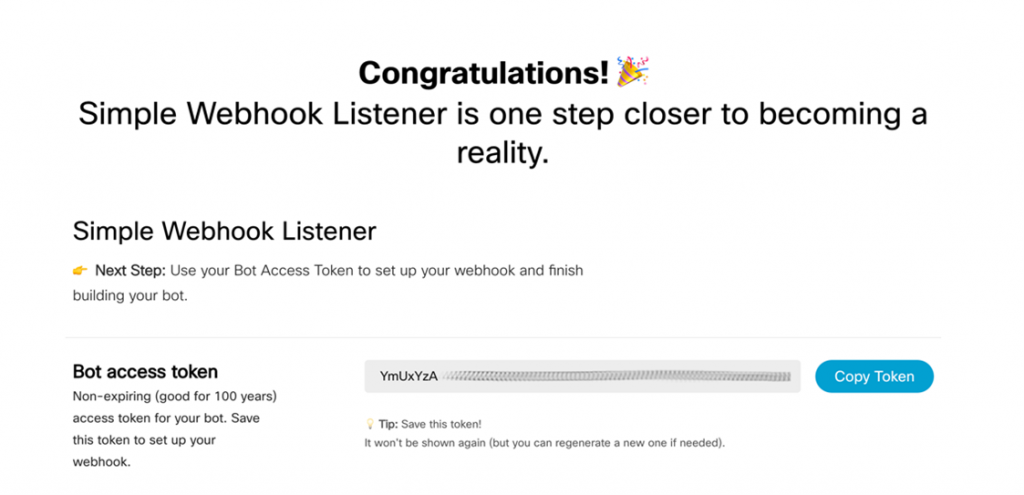 Use your bot access token to set up your webhook with Simple Webhook Listener