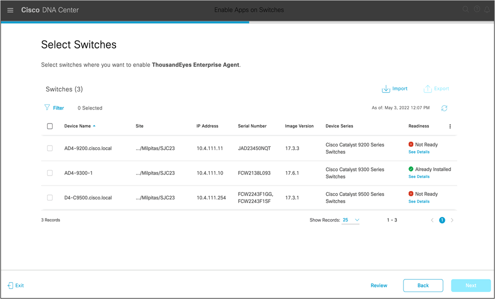 Select the switches to enable the ThousandEyes Agent