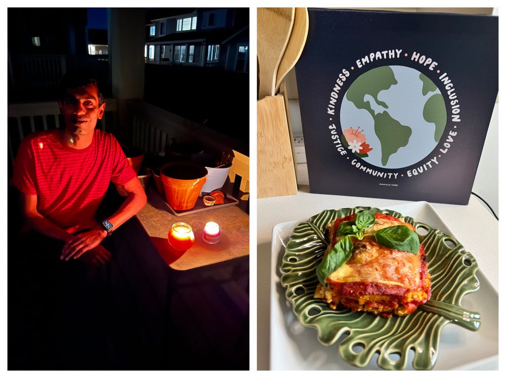 L to R: A photo of a man and a photo of plant based lasagna
