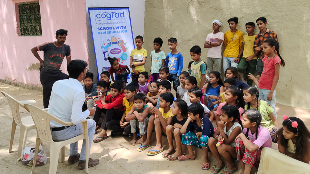 Children from a community gather