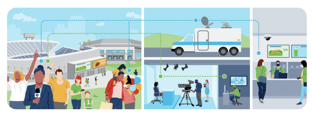 Cartoon image of a stadium and media production van 