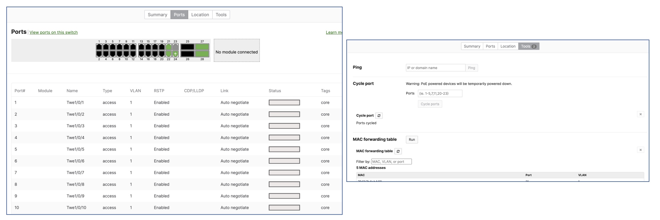 Detailed port visibility and live troubleshooting tools