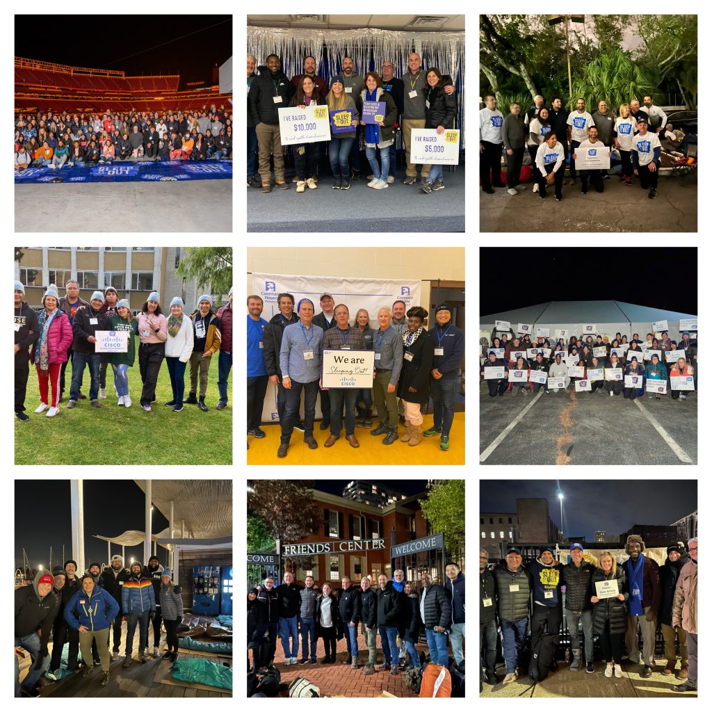 A 9 tile photo collage of Cisco employees volunteering
