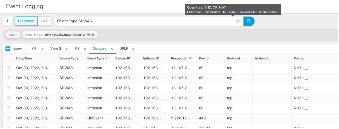 Intrusion Event Logging for SD-WAN Security Persona