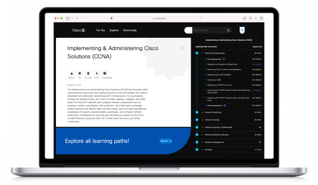Cisco U. CCNA Learning Path laptop view