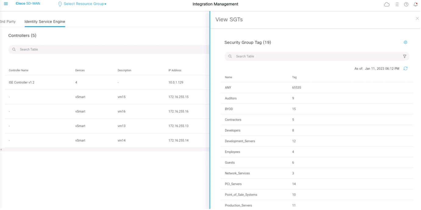 Identity groups pulled from ISE and shown in Cisco SD-WAN vManage