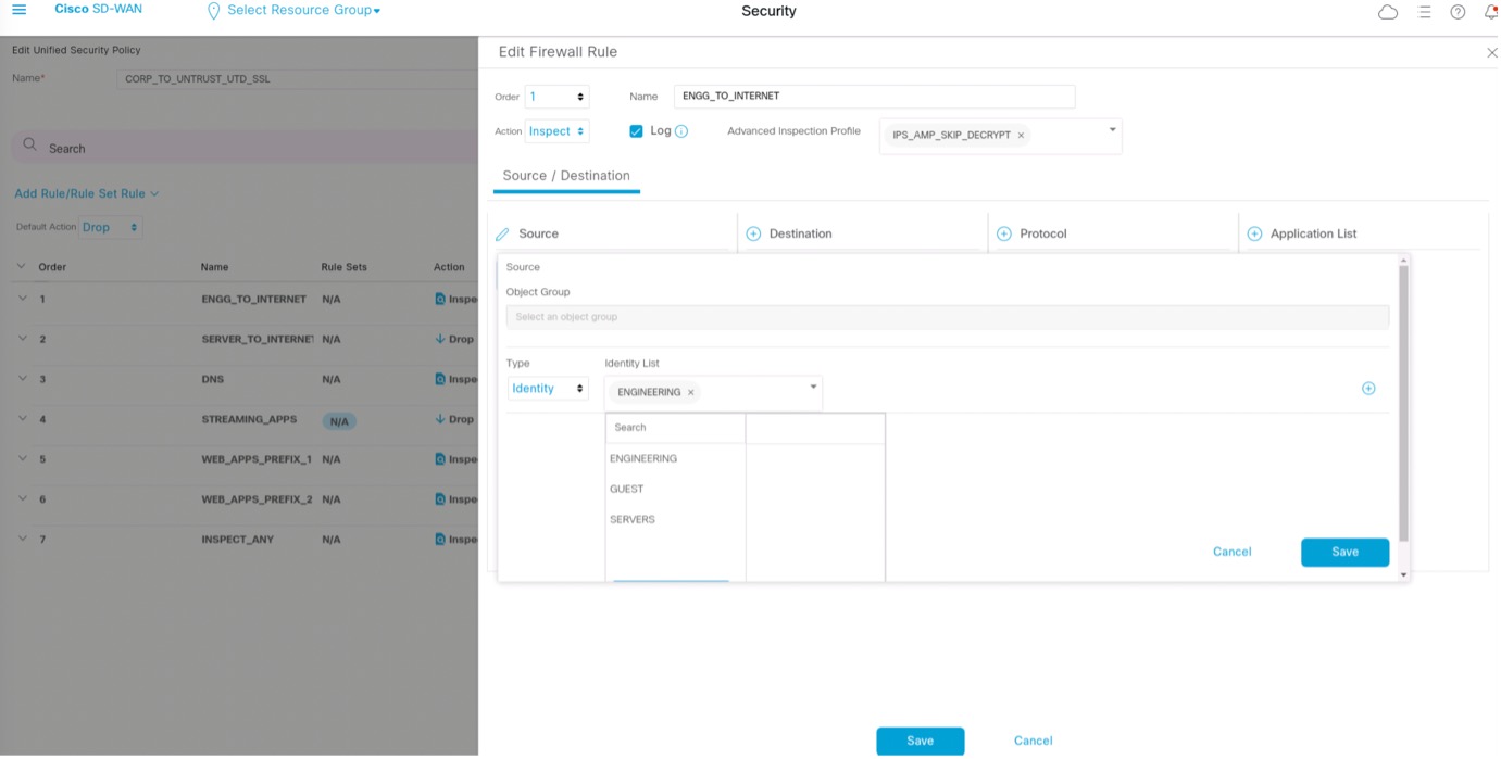 Security policy configuration based on identity lists