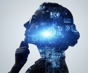 A silhouette of a woman with a bright blue technical overlay graphic