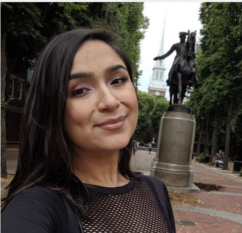 Veronica Toscano pictured with the Paul Revere statue. 